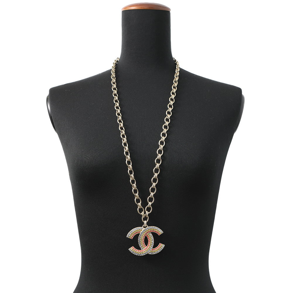 CHANEL CC Logo Righe Rainbow Necklace Multicolor Metal Rhinestone