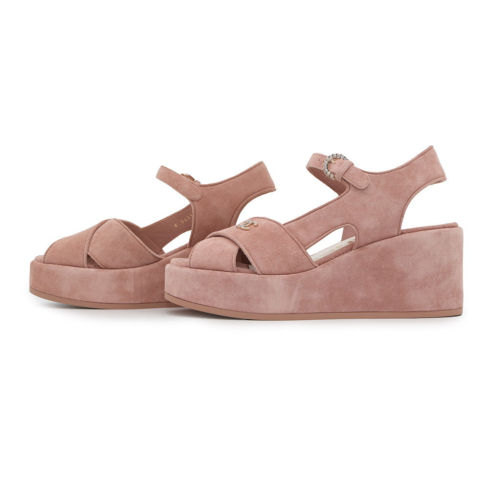 CHANEL EncreStrap Open Toe Platform Sandals Light PinkG45594 Suede rhinestone Size 38