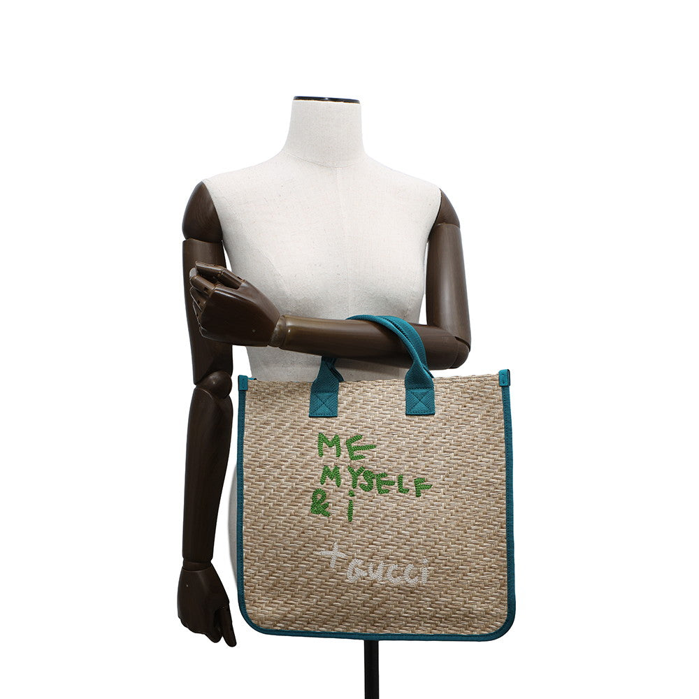 GUCCI Children's Tote Bag Beige/Emerald Green605831 Straw