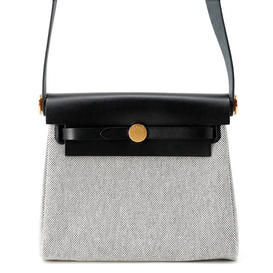 HERMES Herbag zip Ecru/Black Toile Military Vache Hunter Leather Size Mini