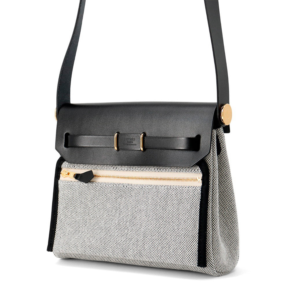 HERMES Herbag zip Ecru/Black Toile Military Vache Hunter Leather Size Mini