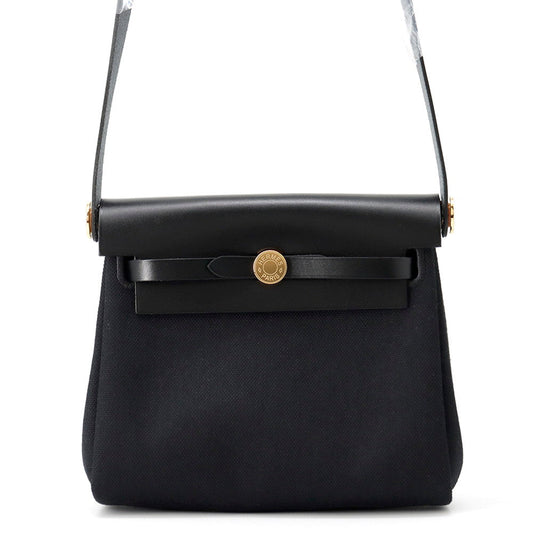 HERMES Herbag zip Black Toile H Viking Vache Leather Hunter Size Mini