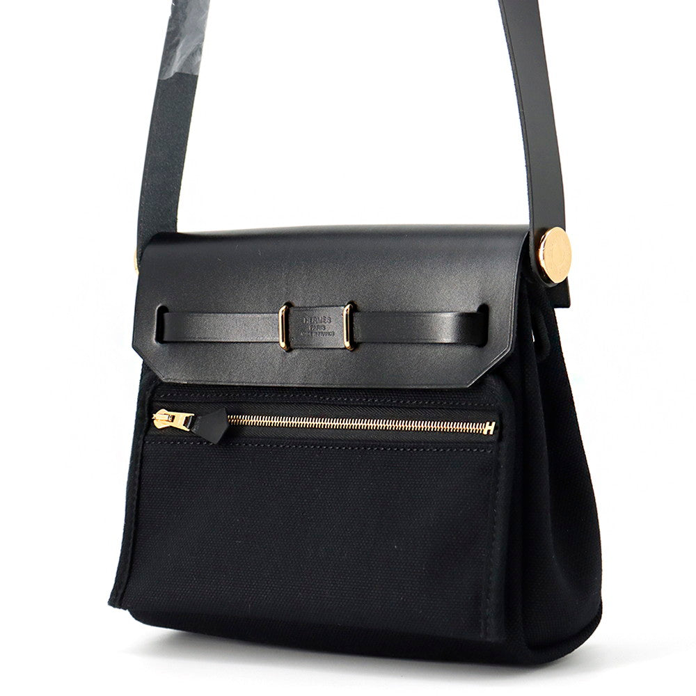 HERMES Herbag zip Black Toile H Viking Vache Leather Hunter Size Mini