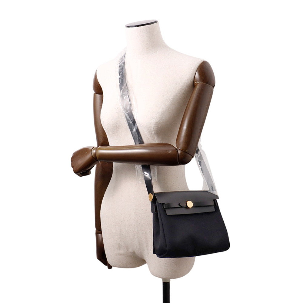 HERMES Herbag zip Black Toile H Viking Vache Leather Hunter Size Mini