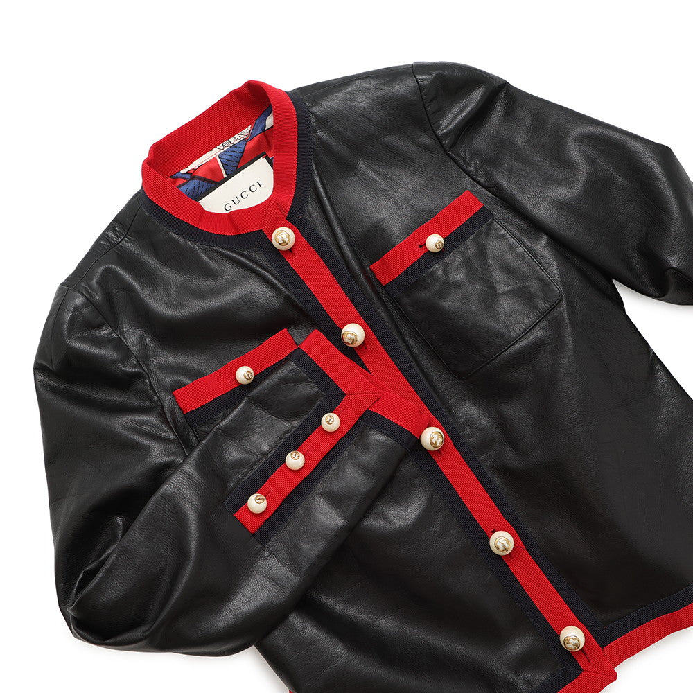 GUCCI Leather Jacket Size 36 Black/Red/Navy Leather Cotton100%