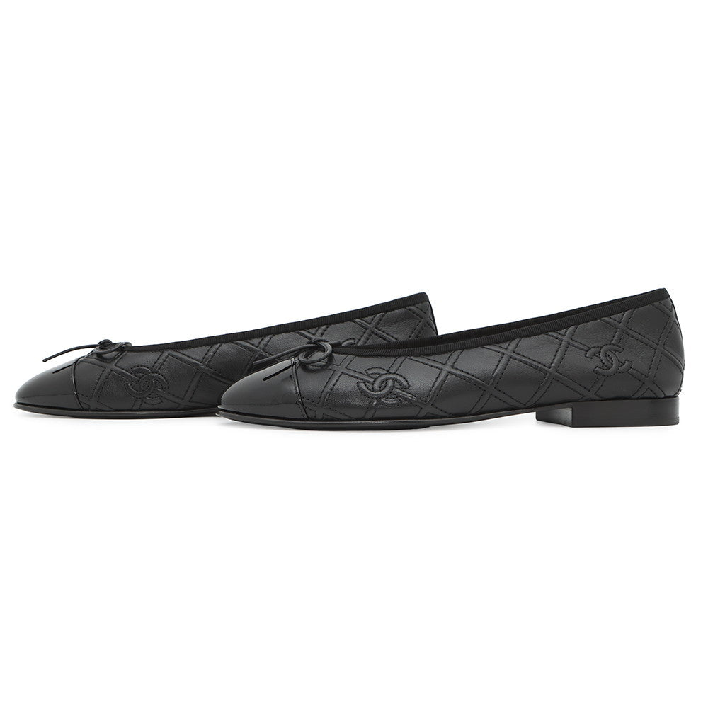 CHANEL Matelasse Ballerina Ballet Shoes BlackG40110 Lambskin Enamel Size 37H