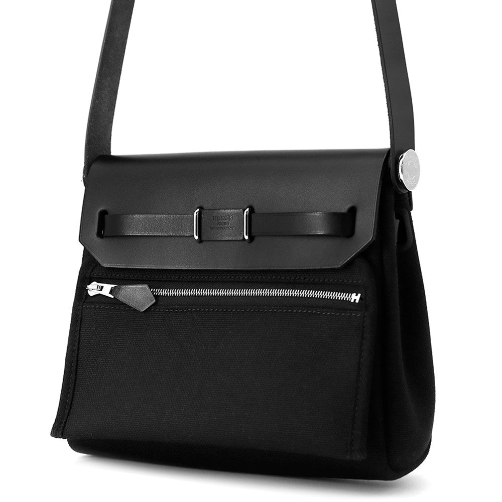HERMES Herbag zip Black Toile H Viking Vache Hunter Leather Size Mini/20