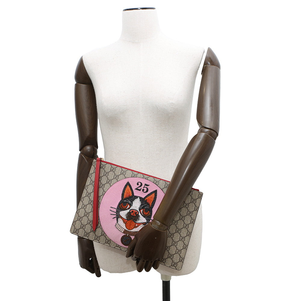 GUCCI BOSCO Clutch Bag Beige/Pink/Red506280 GG Supreme Suede Leather