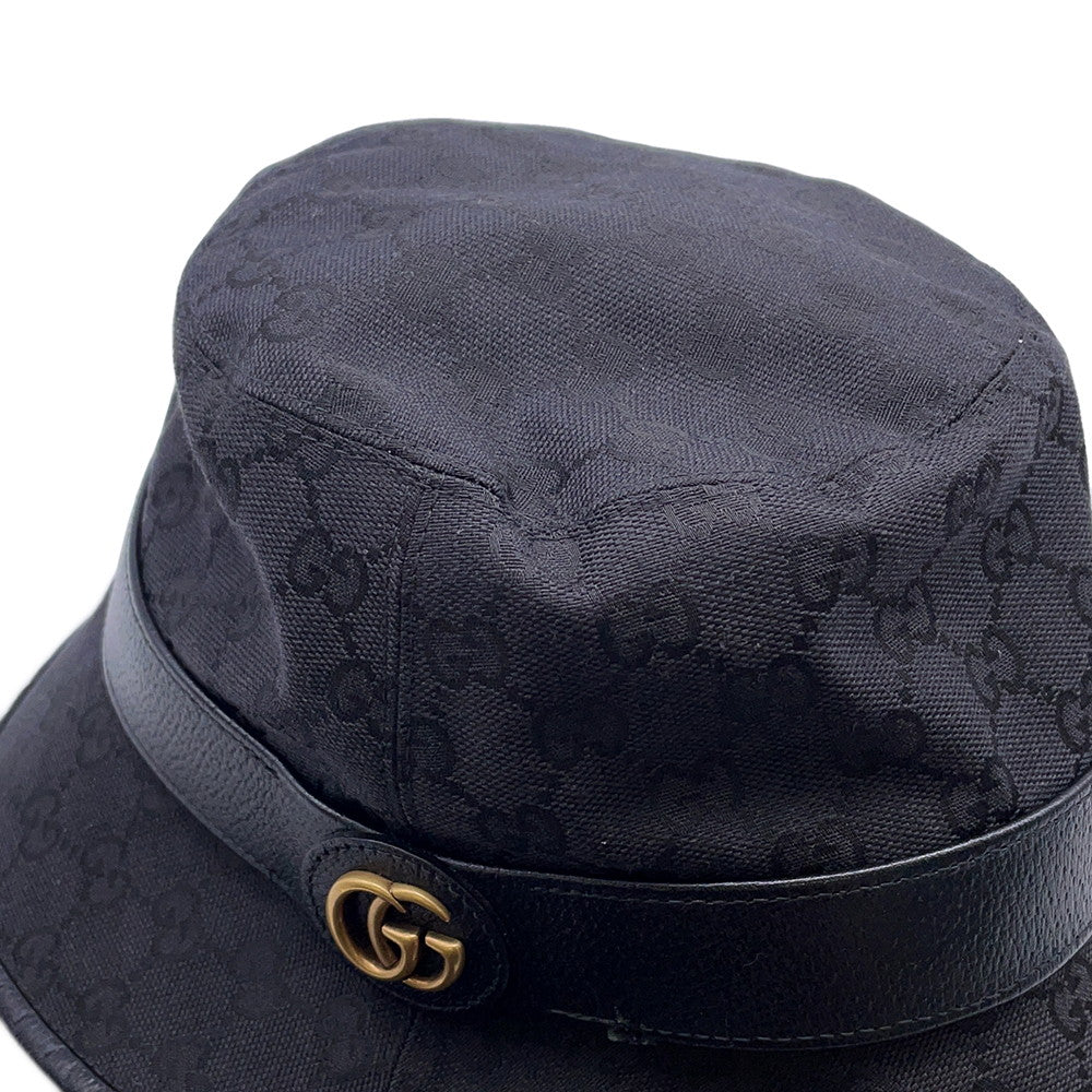 GUCCI Original GG Canvas Bucket Hat Size 59/L Black576587 Canvas Leather