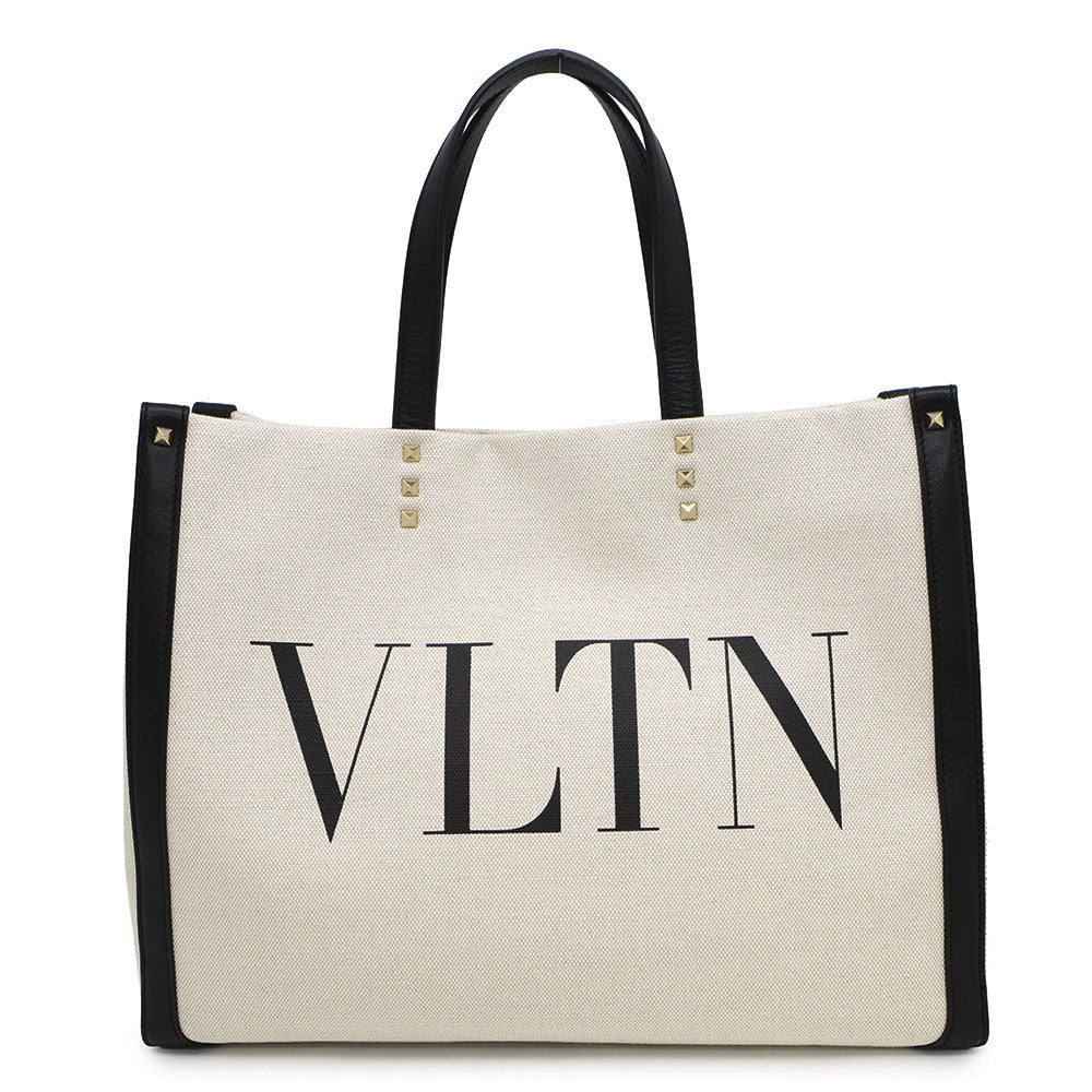 Valentino Garavani VLTN Logo Rock Studded Tote Bag Beige/BlackTW2B0D21FWB Canvas Leather Size Medium