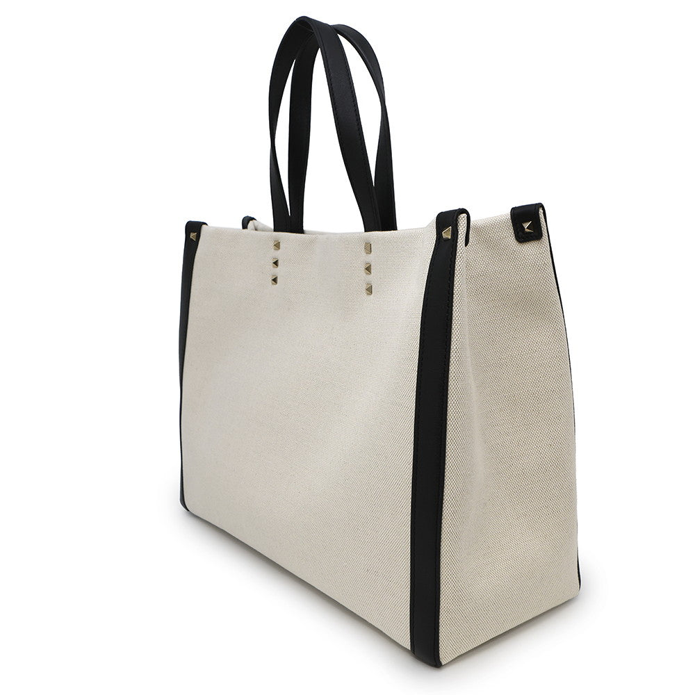 Valentino Garavani VLTN Logo Rock Studded Tote Bag Beige/BlackTW2B0D21FWB Canvas Leather Size Medium