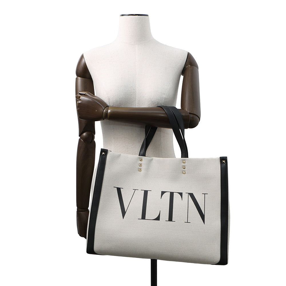 Valentino Garavani VLTN Logo Rock Studded Tote Bag Beige/BlackTW2B0D21FWB Canvas Leather Size Medium