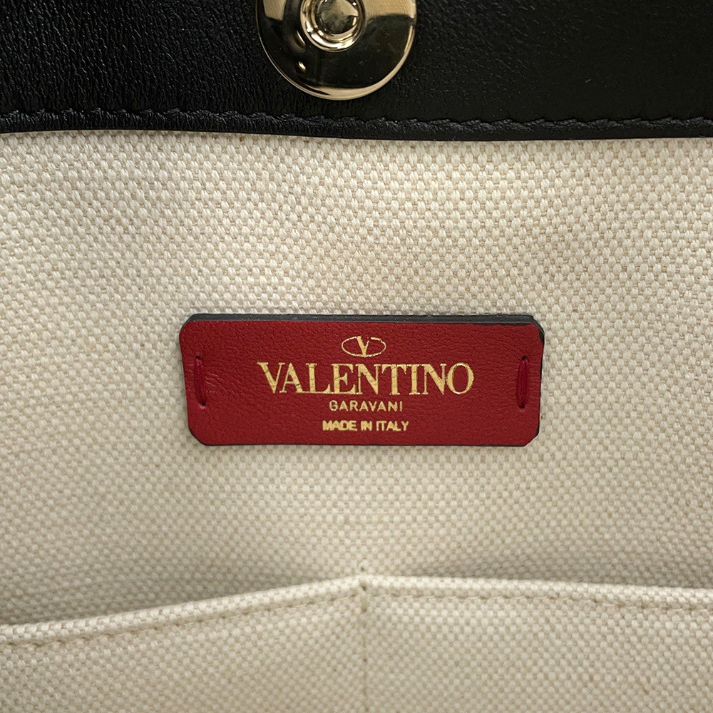 Valentino Garavani VLTN Logo Rock Studded Tote Bag Beige/BlackTW2B0D21FWB Canvas Leather Size Medium