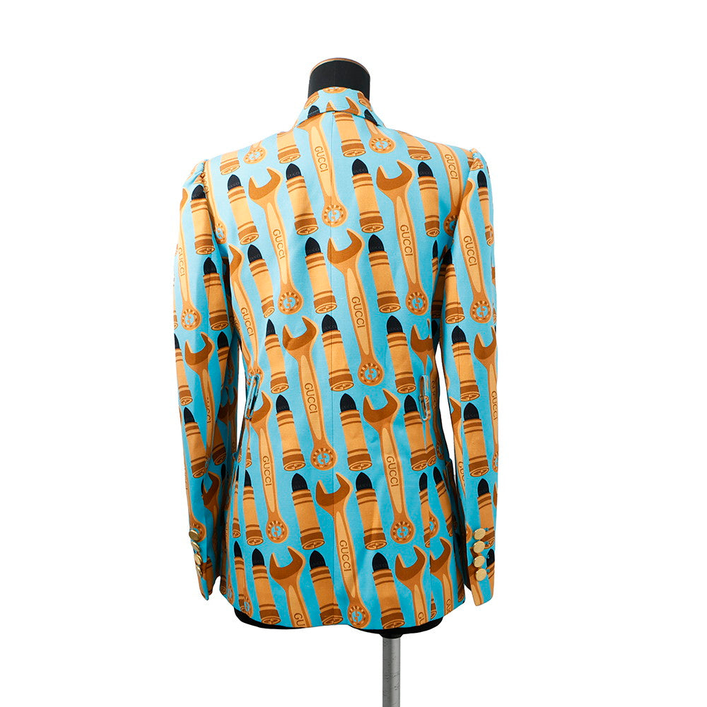 GUCCI Lipstick & Tool Print Jacket Size 38 Light Blue/Brown740422 Rayon98% Silk2%