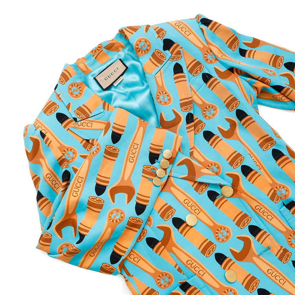 GUCCI Lipstick & Tool Print Jacket Size 38 Light Blue/Brown740422 Rayon98% Silk2%
