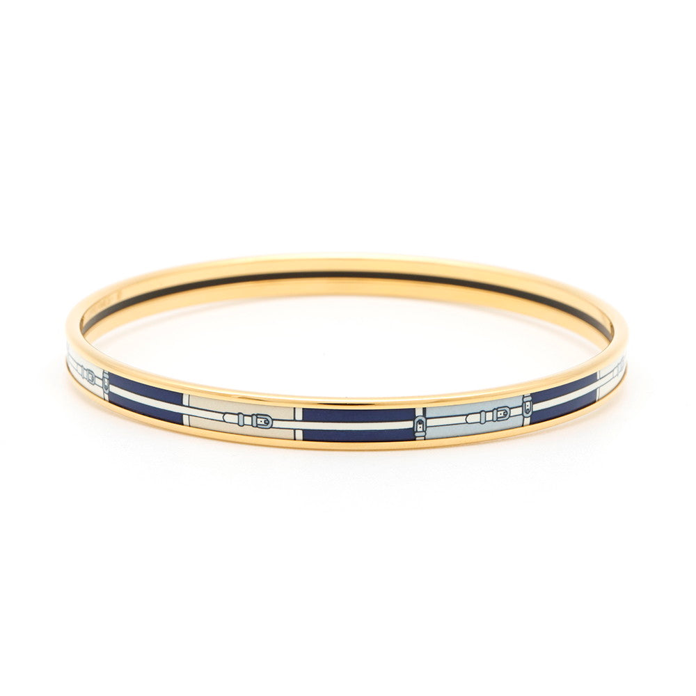 HERMES Enamel Bangle Belt Pattern Size PM Navy/White/Light Blue Enamel Metal