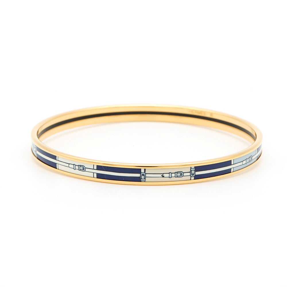 HERMES Enamel Bangle Belt Pattern Size PM Navy/White/Light Blue Enamel Metal