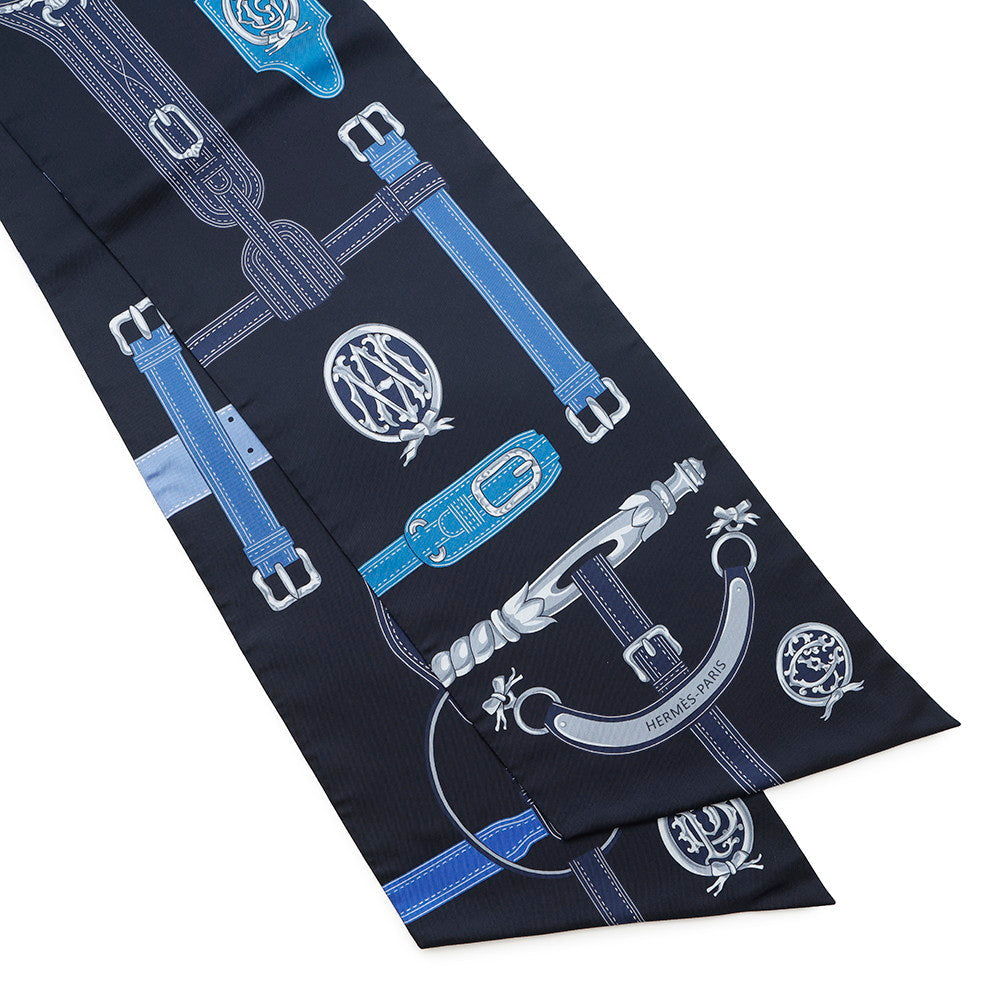 HERMES Maxi Twilly Belt Black/Blue Silk100%
