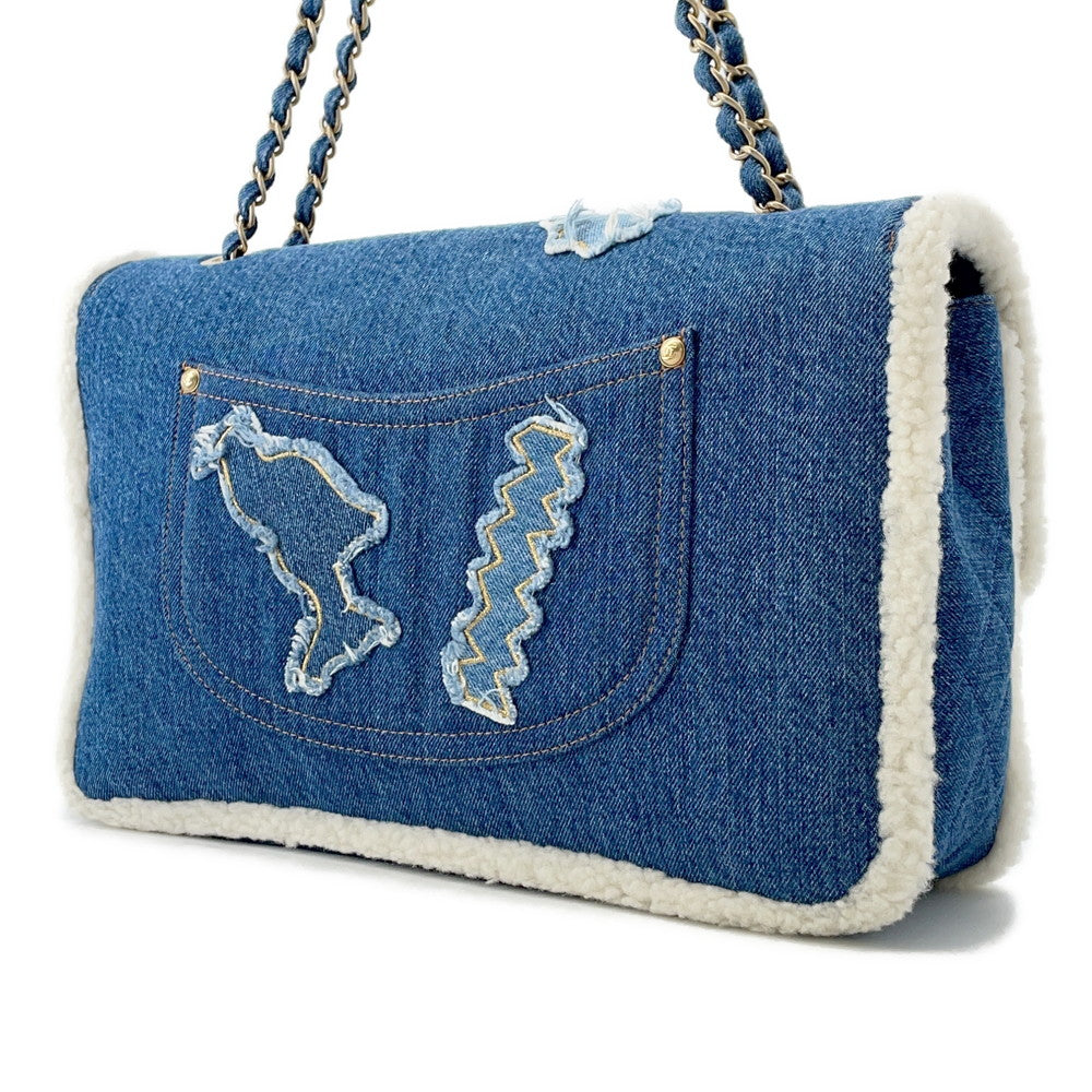 CHANEL Egyptian Line Chain Shoulder Bag Blue Denim Mouton