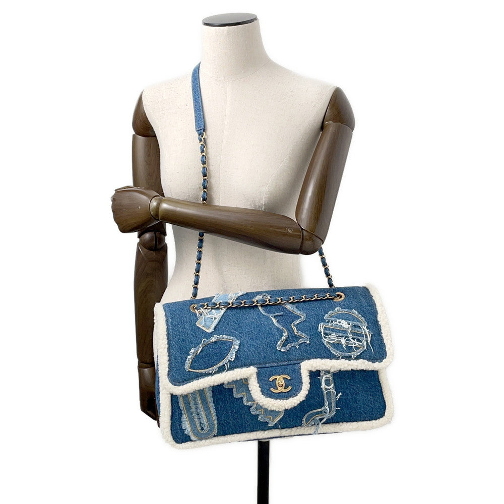 CHANEL Egyptian Line Chain Shoulder Bag Blue Denim Mouton