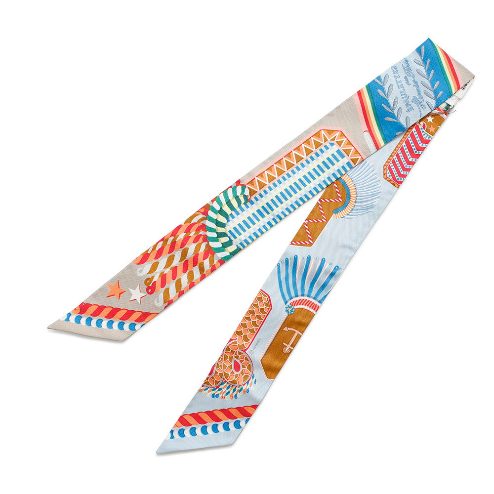HERMES Twilly Scarf Epaulettes de Gala Blue Ciel/Rouge/JauneH063983S Silk 100%