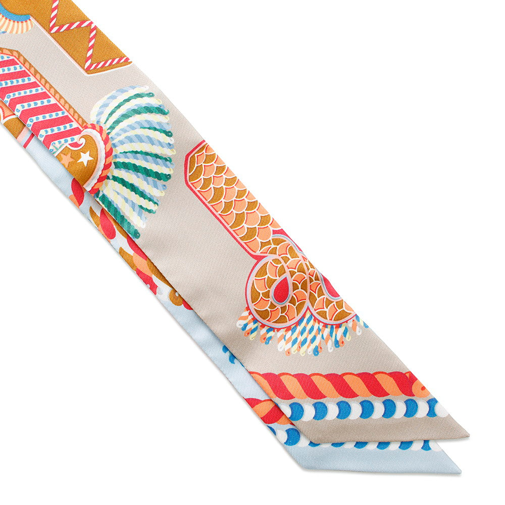 HERMES Twilly Scarf Epaulettes de Gala Blue Ciel/Rouge/JauneH063983S Silk 100%