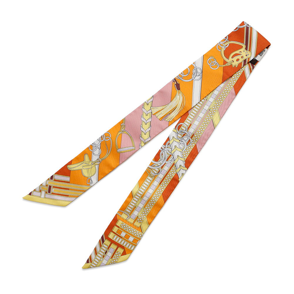 HERMES Scarf Twilly BRIDES ET GRIS GRIS Bridle and Bag Charm Orange/Jaune/RoseH062849S Silk 100%