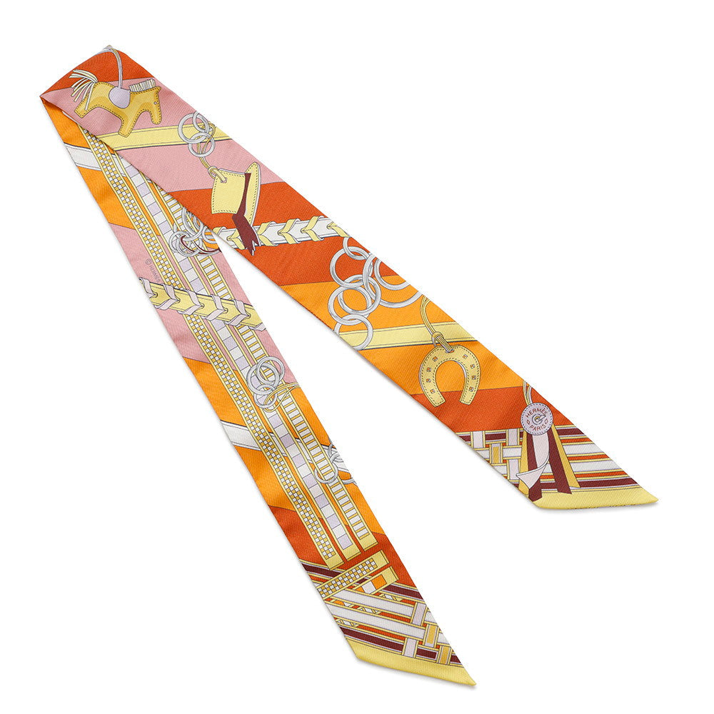 HERMES Scarf Twilly BRIDES ET GRIS GRIS Bridle and Bag Charm Orange/Jaune/RoseH062849S Silk 100%