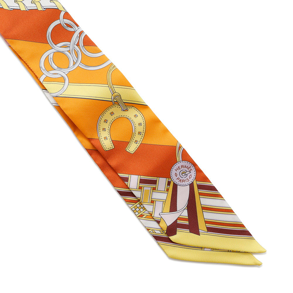 HERMES Scarf Twilly BRIDES ET GRIS GRIS Bridle and Bag Charm Orange/Jaune/RoseH062849S Silk 100%
