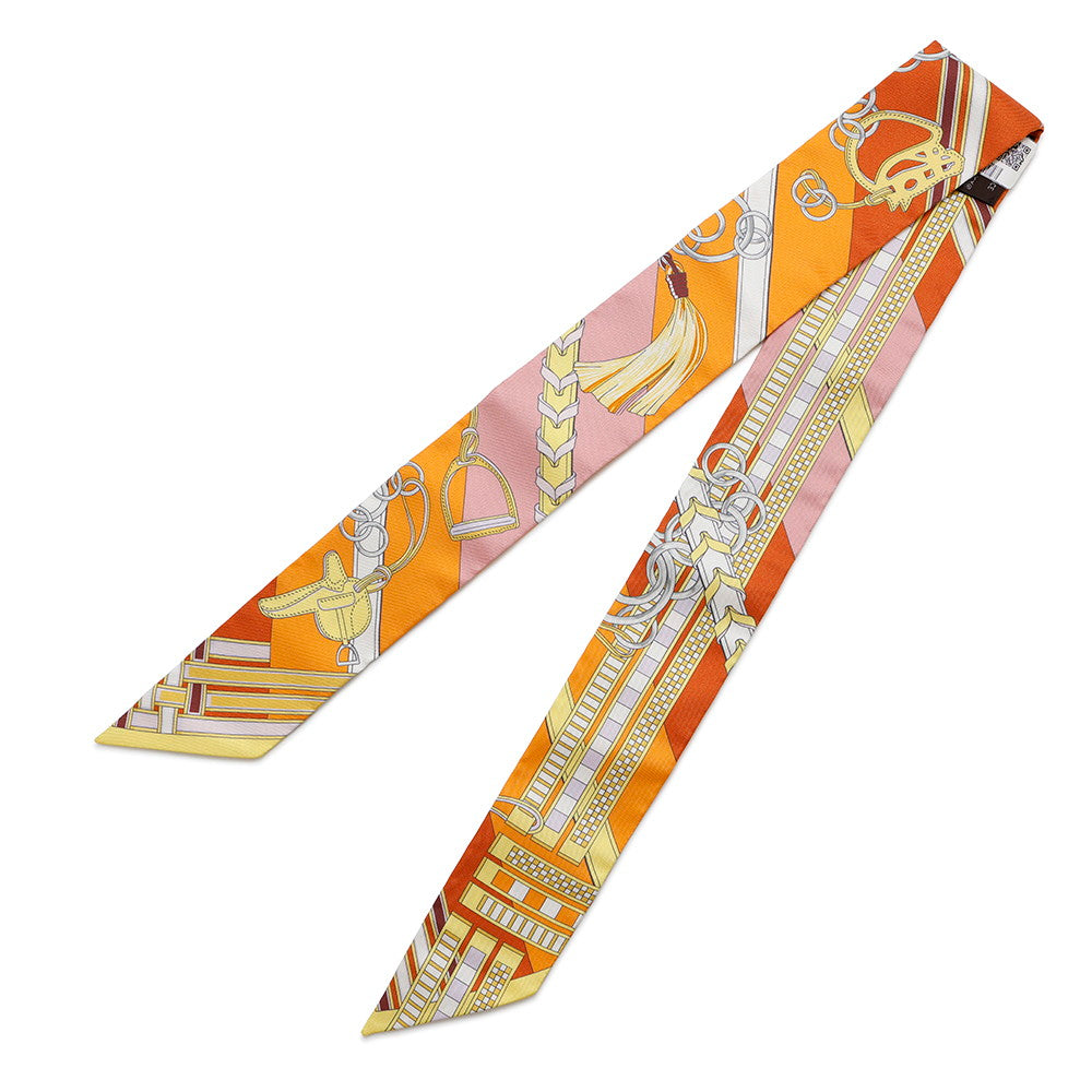 HERMES Scarf Twilly BRIDES ET GRIS GRIS Bridle and Bag Charm Orange/Jaune/RoseH062849S Silk 100%