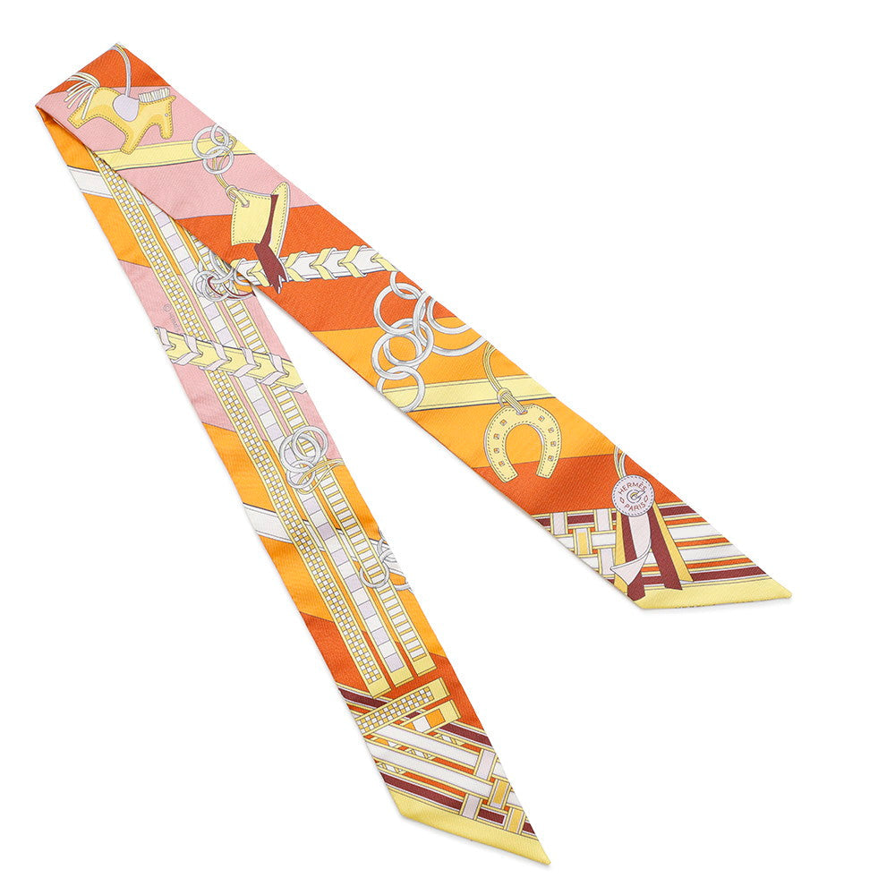 HERMES Scarf Twilly BRIDES ET GRIS GRIS Bridle and Bag Charm Orange/Jaune/RoseH062849S Silk 100%