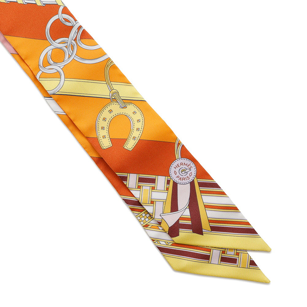 HERMES Scarf Twilly BRIDES ET GRIS GRIS Bridle and Bag Charm Orange/Jaune/RoseH062849S Silk 100%