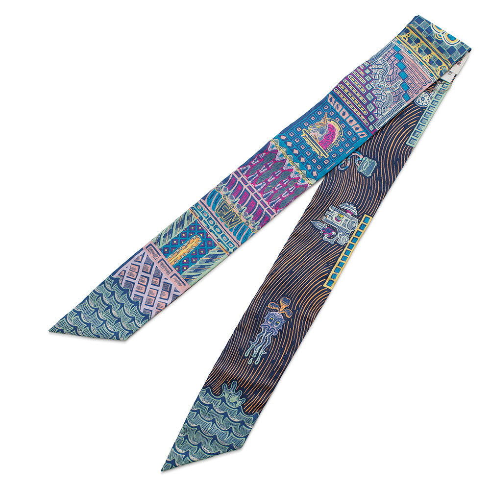 HERMES Scarf Twilly SUPER SILK QUEST Blue Cobalt/Rose/YellowH064011S Silk 100%