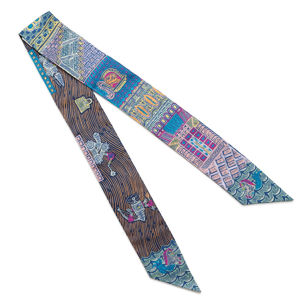 HERMES Scarf Twilly SUPER SILK QUEST Blue Cobalt/Rose/YellowH064011S Silk 100%