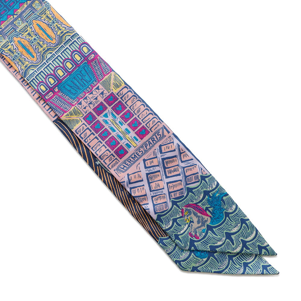 HERMES Scarf Twilly SUPER SILK QUEST Blue Cobalt/Rose/YellowH064011S Silk 100%
