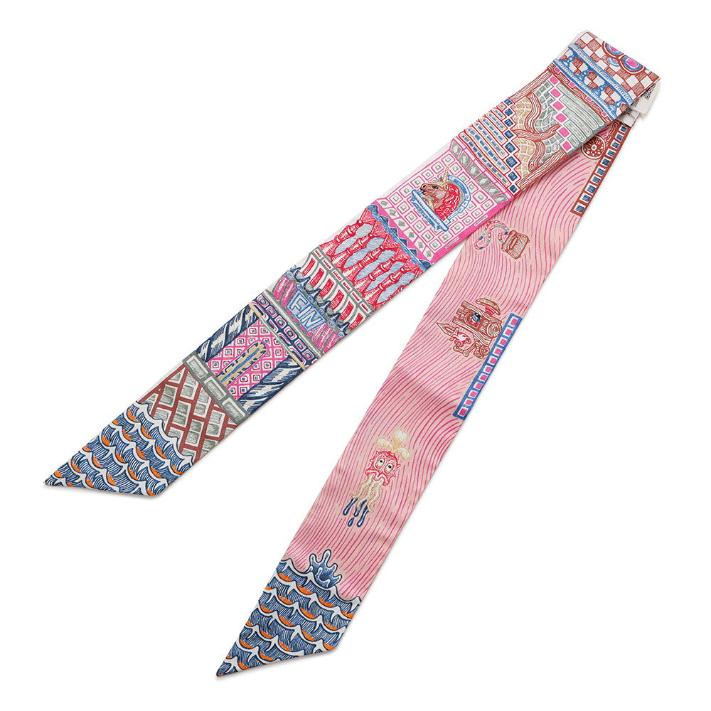 HERMES Scarf Twilly SUPER SILK QUEST Super Silk Quest Rose Vif/Blue/Vert AlmondH064011S Silk 100%