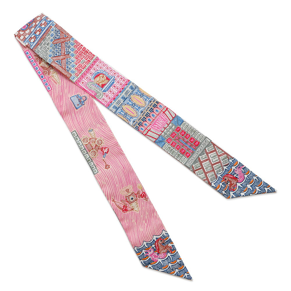 HERMES Scarf Twilly SUPER SILK QUEST Super Silk Quest Rose Vif/Blue/Vert AlmondH064011S Silk 100%