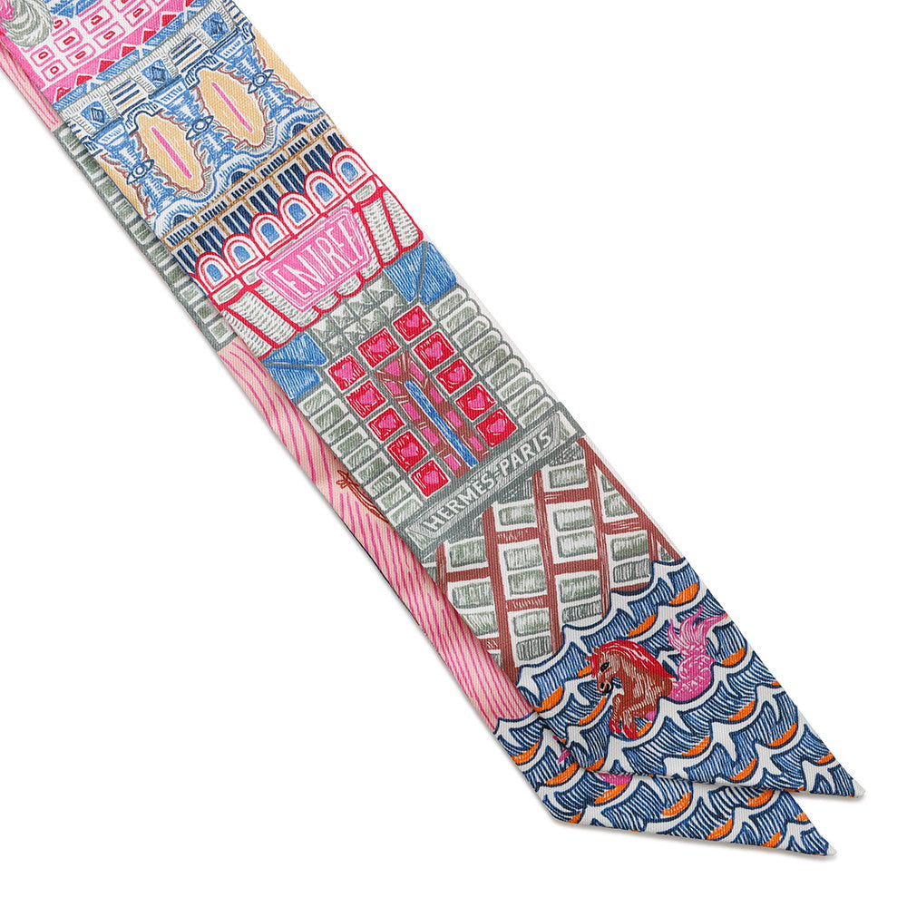 HERMES Scarf Twilly SUPER SILK QUEST Super Silk Quest Rose Vif/Blue/Vert AlmondH064011S Silk 100%