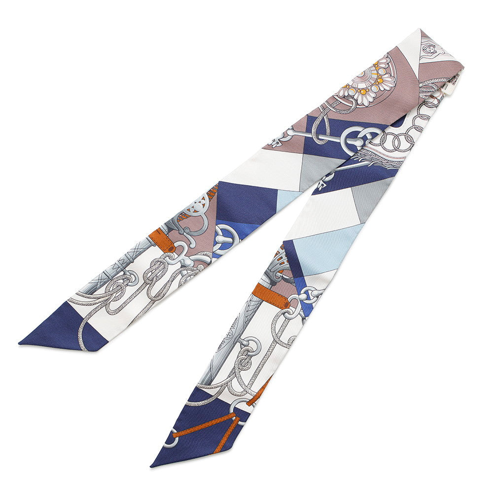 HERMES Scarf Twilly CLIQUETIS Cliquetis Marine/White/Marron glacé Silk 100%