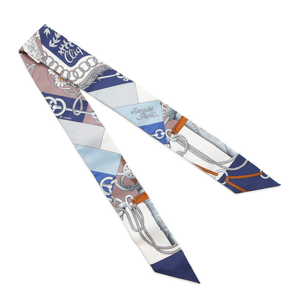 HERMES Scarf Twilly CLIQUETIS Cliquetis Marine/White/Marron glacé Silk 100%