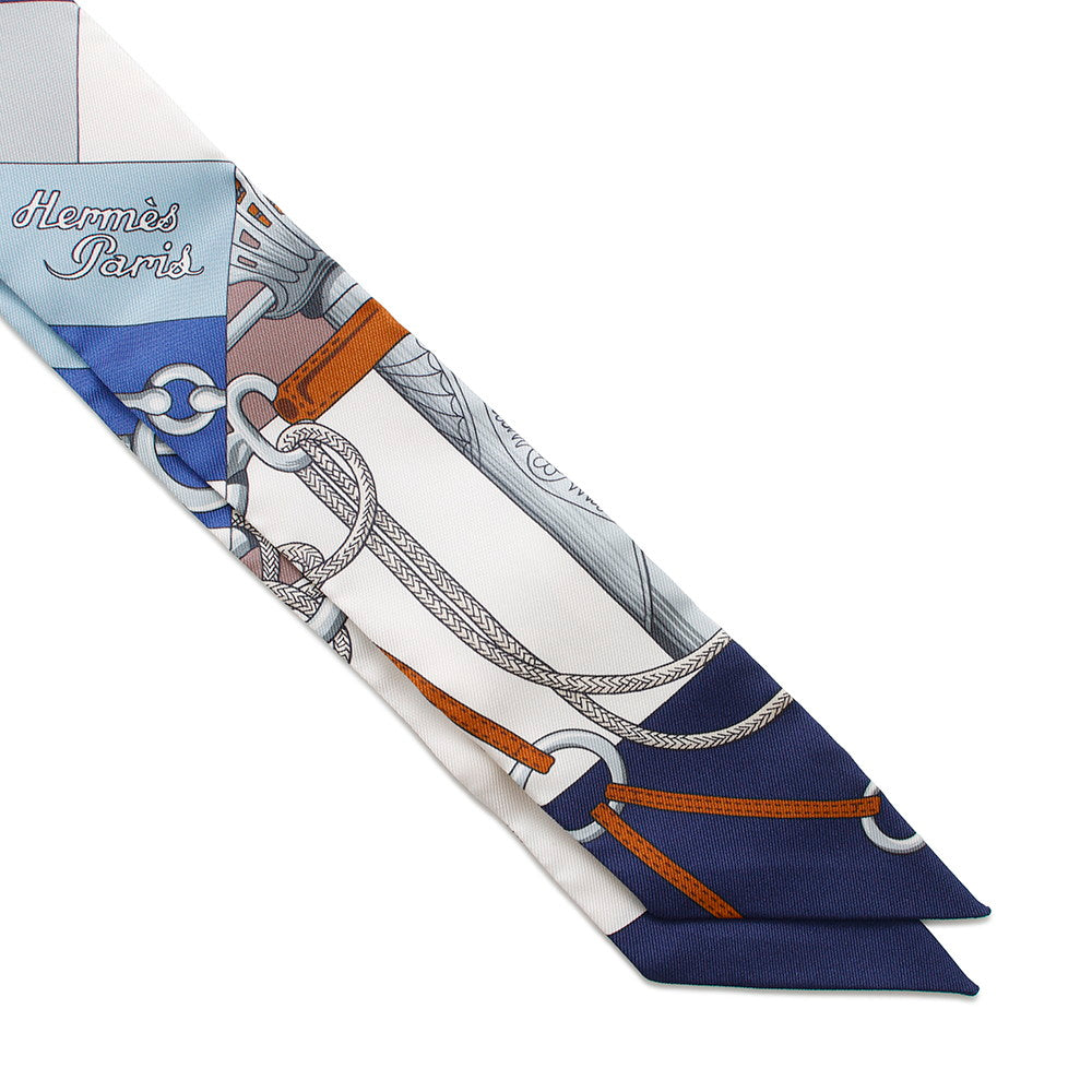 HERMES Scarf Twilly CLIQUETIS Cliquetis Marine/White/Marron glacé Silk 100%