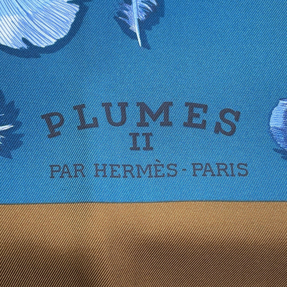 HERMES Carre Plumes II Feather Size 90 Brown/Blue Silk100%