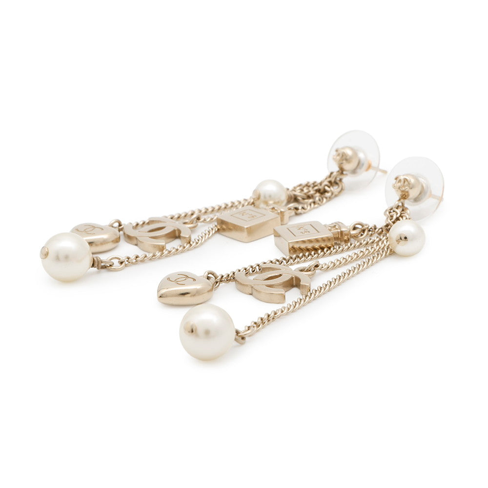 CHANEL CC Logo Perfume Bottle Heart Pearl Earrings Gold Metal Faux Pearl