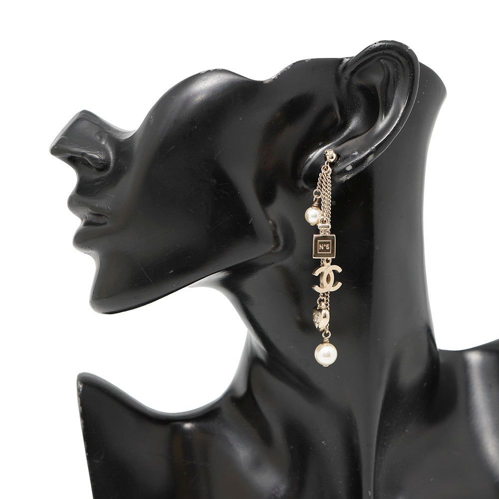 CHANEL CC Logo Perfume Bottle Heart Pearl Earrings Gold Metal Faux Pearl