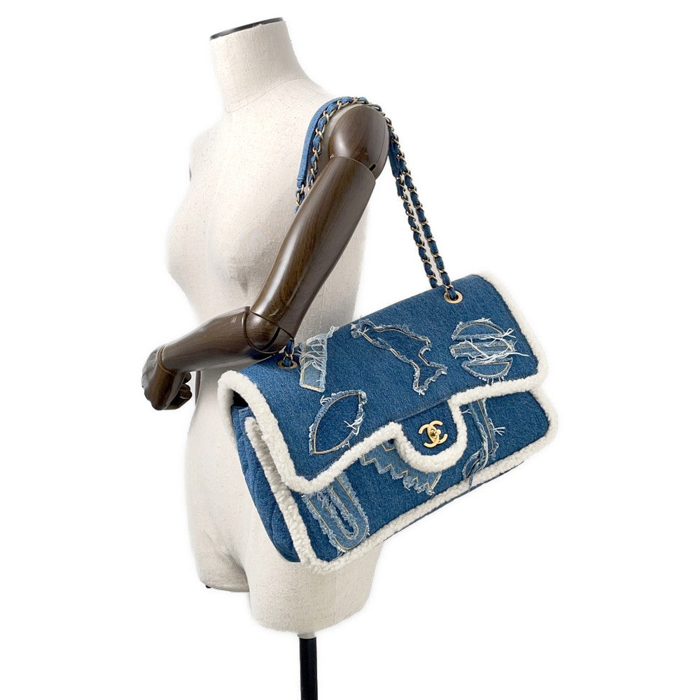 CHANEL Egyptian Line Single Flap Chain Shoulder Blue Denim Mouton