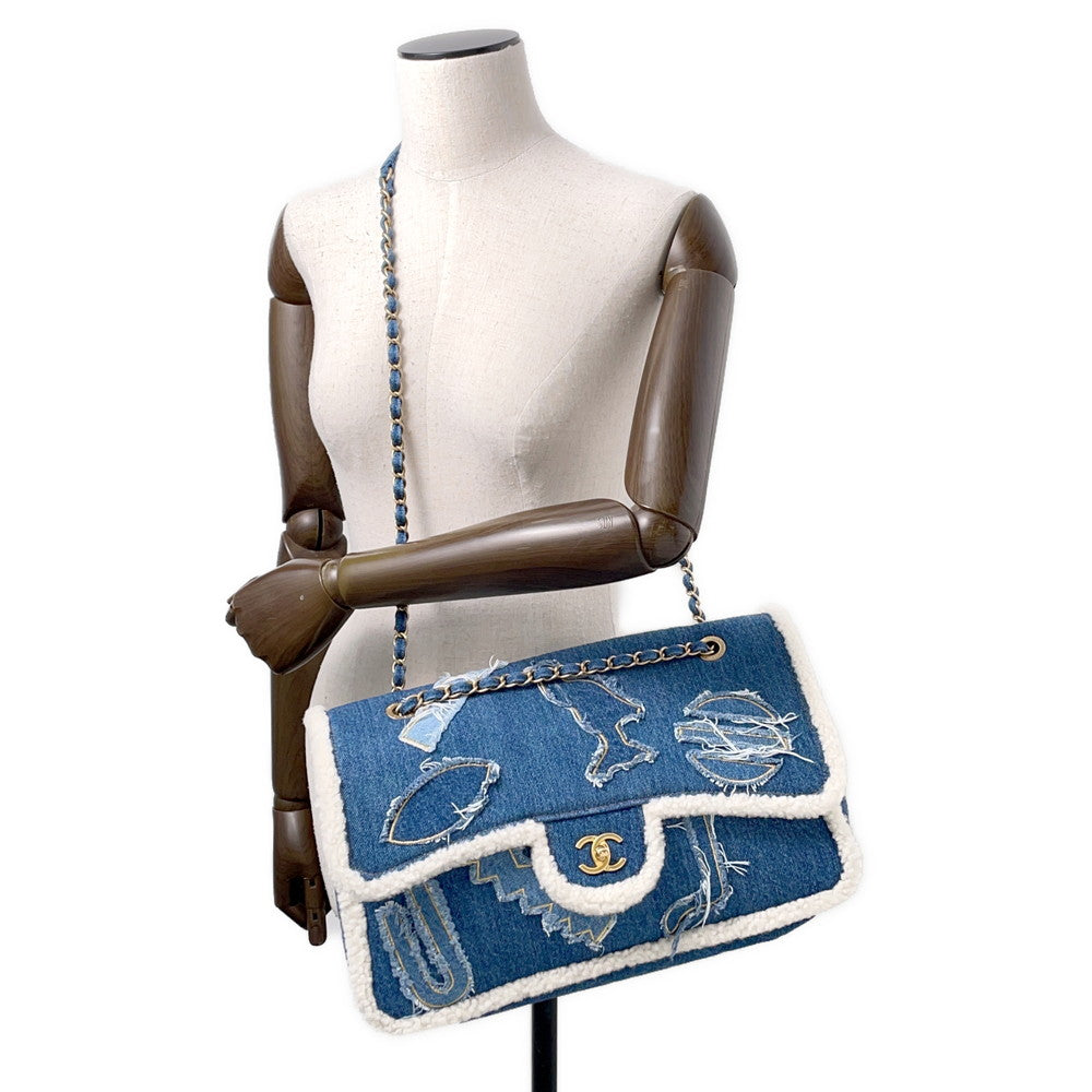 CHANEL Egyptian Line Single Flap Chain Shoulder Blue Denim Mouton