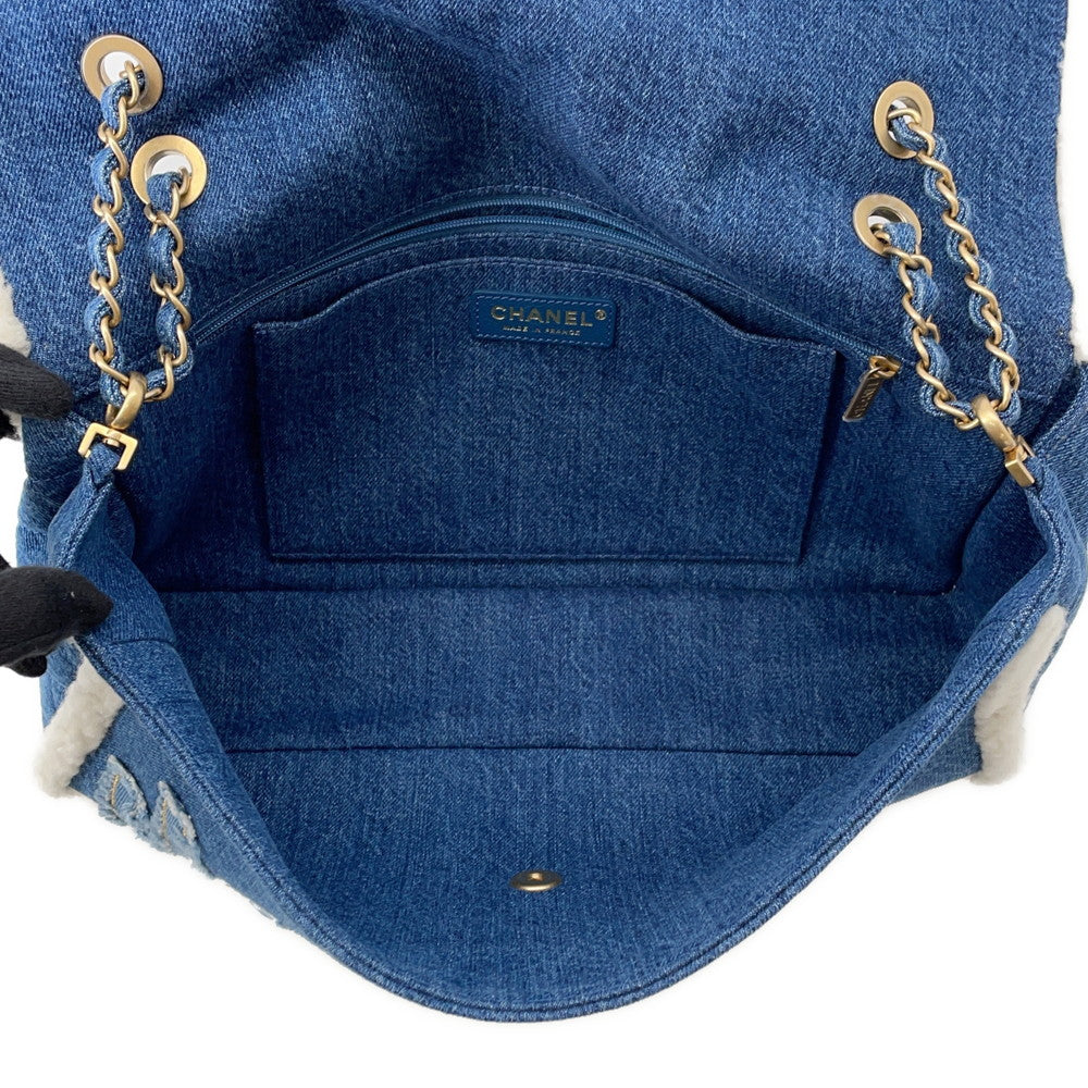 CHANEL Egyptian Line Single Flap Chain Shoulder Blue Denim Mouton