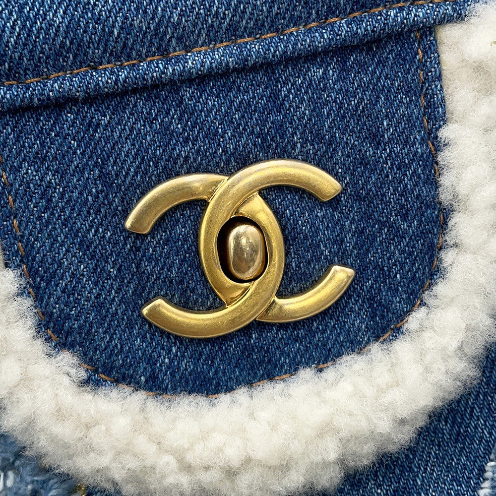 CHANEL Egyptian Line Single Flap Chain Shoulder Blue Denim Mouton