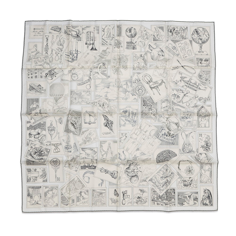 HERMES Carre Fauve le Stamp Enthusiast Size 90 Gray/Parchement/White Silk100%