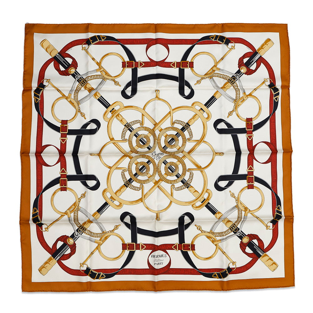 HERMES Carre EPERON D'OR Apron D'or Size 90 Caramel/Creme Silk100%